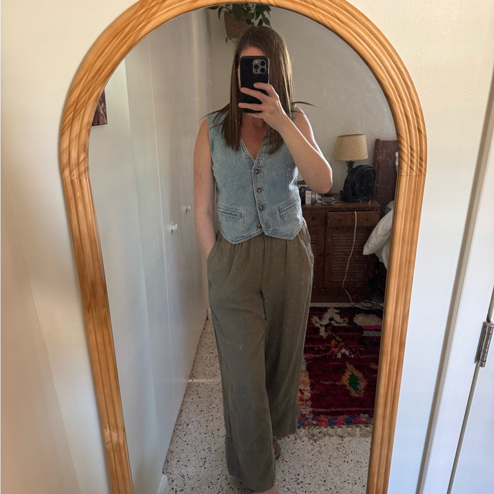 Free People Wide Leg Linen-Blend Pants in Olive/Tan - Picture 7 of 9